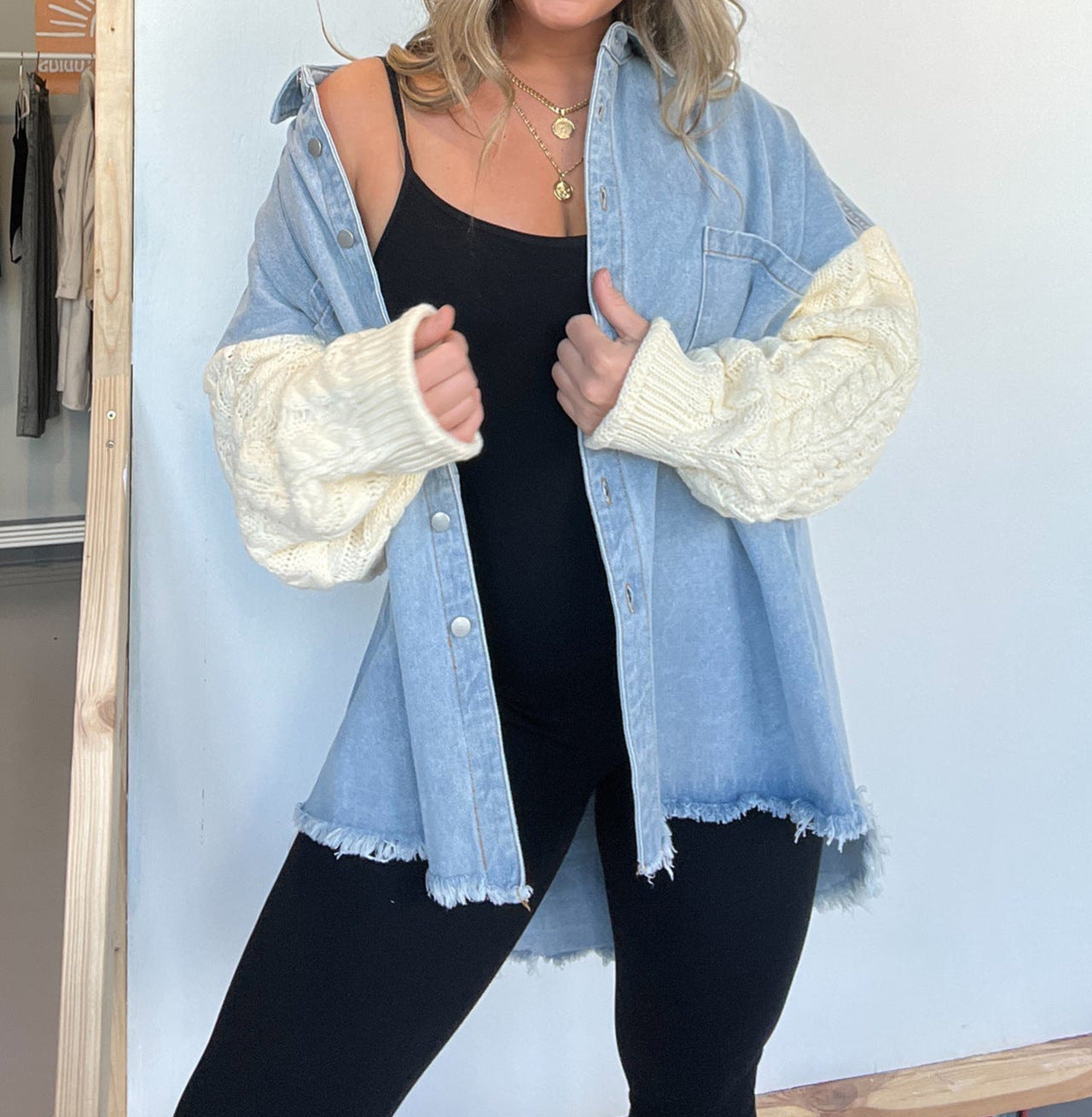 Loose Stitching Sweater Sleeve Denim Woolen Women Coat