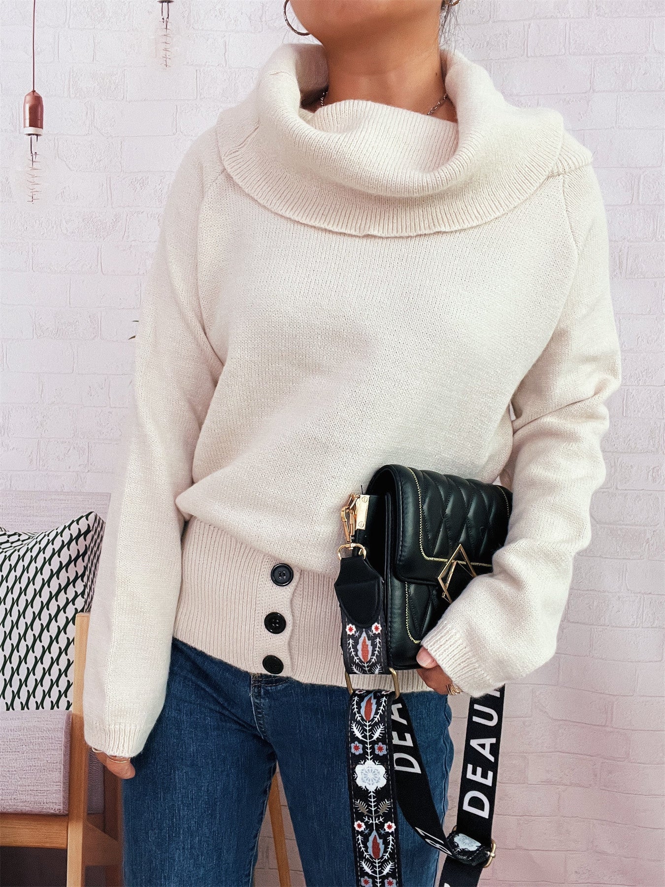 Autumn Winter Retro Office Minimalist Turtleneck Slim Knit Pullover Solid Color Striped Sweater