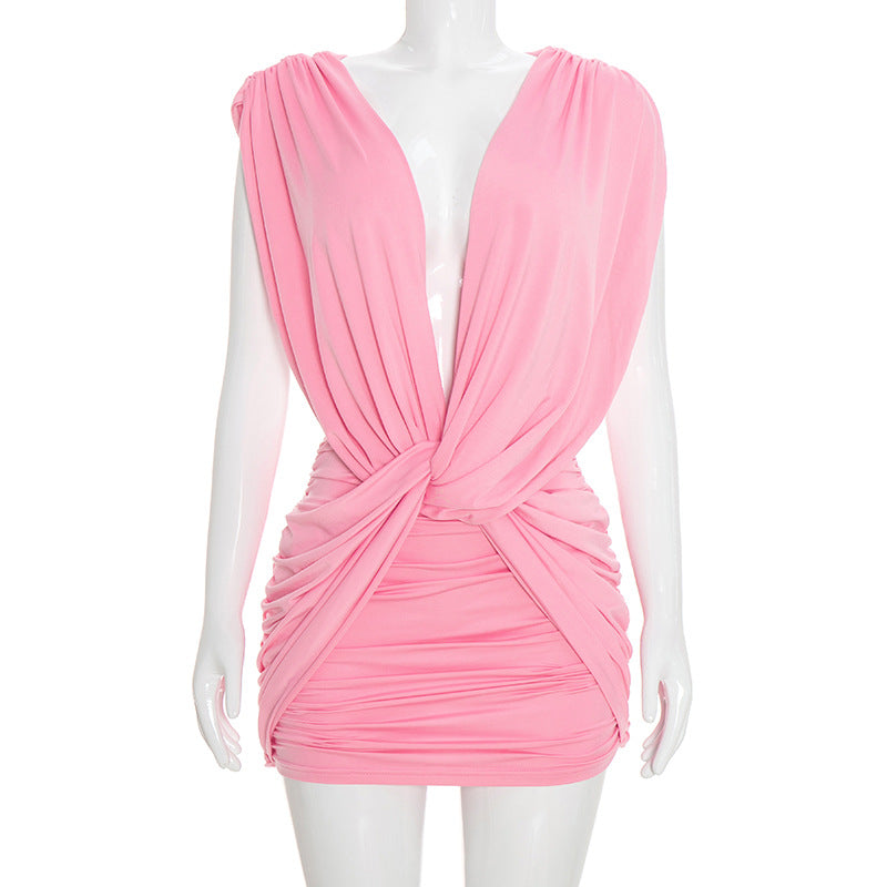 Women Clothing Summer Solid Color Casual Cross Twist Sleeveless Pleated Slim Short Dress