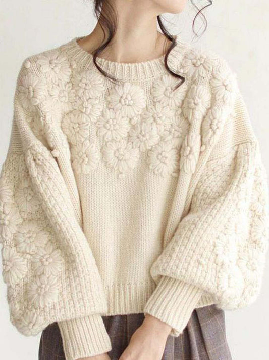 Autumn Winter Fresh Machine Embroidery Three Dimensional Little Daisy Pullover round Neck Loose Knitted Sweater