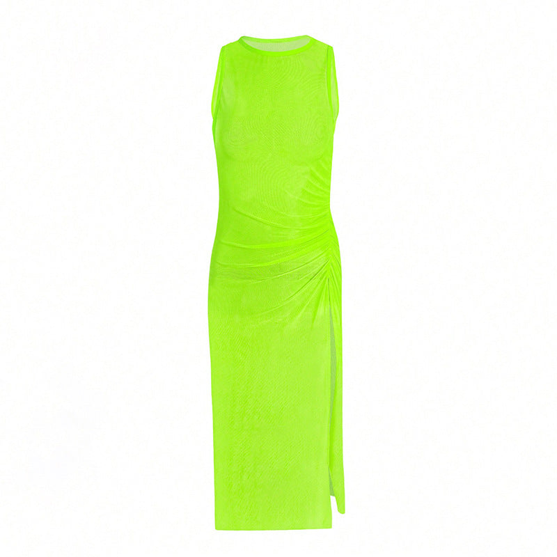 Solid Color Mesh See through Sexy Beach Dress Swimsuit Women Long Blouse Sunscreen Swimwear