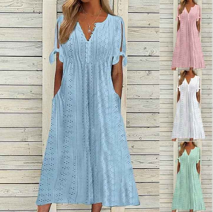 Women's Dress V-Neck Hollow Out Lace Long Dress Women