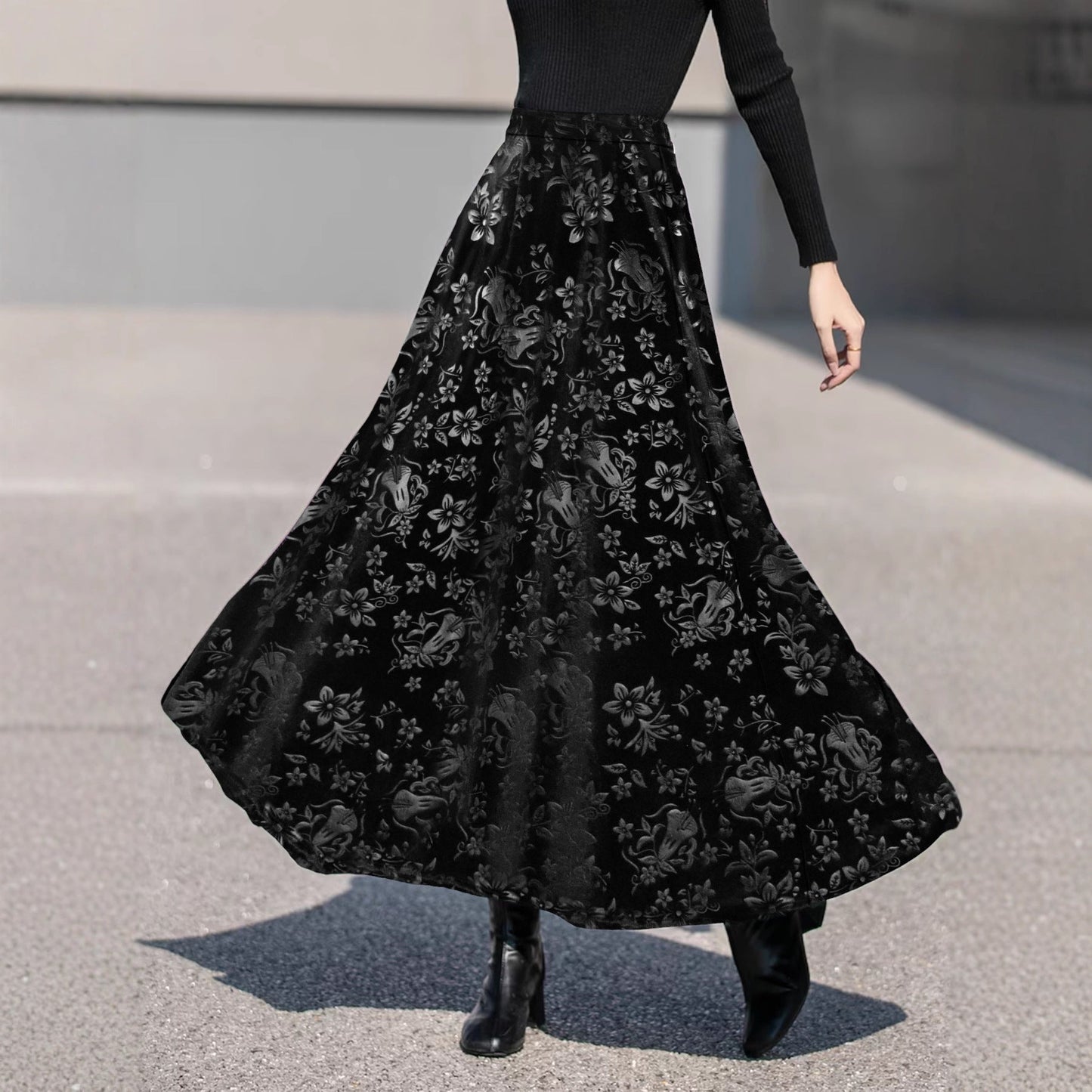 Autumn Winter Elegant High Grade Large Swing Skirt Printed Velvet Skirt Women Clothing