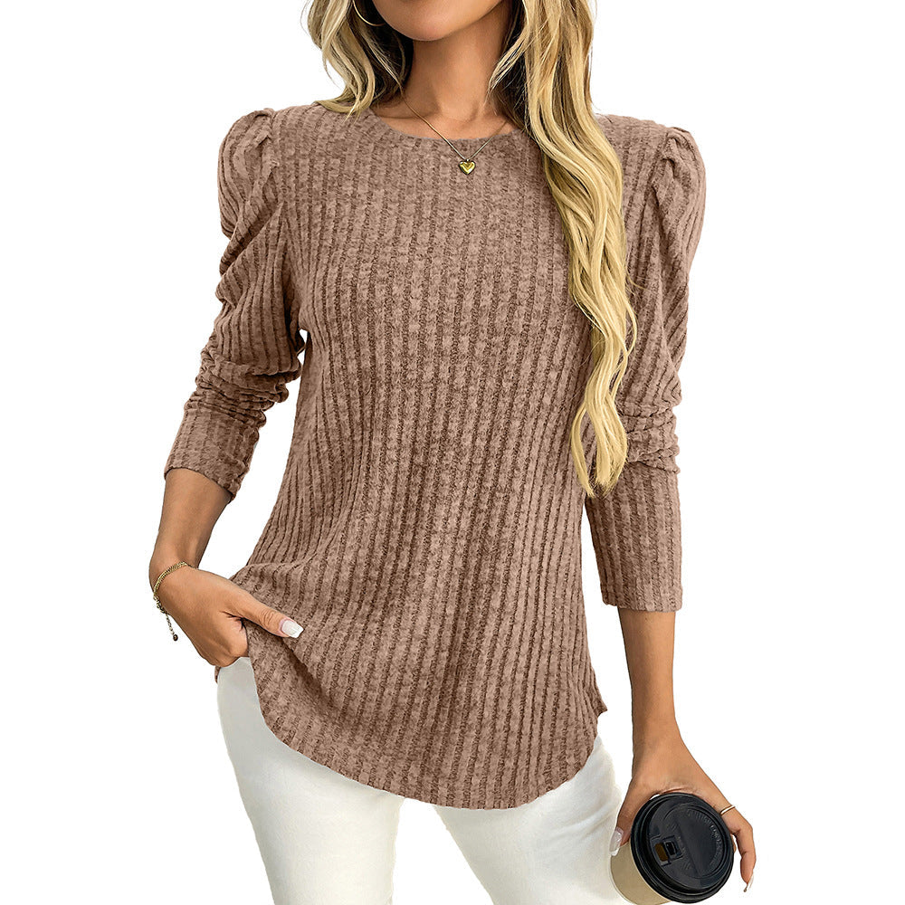 Arrival Women round Neck Puff Sleeve Brushed Sunken Stripe Solid Color Upper Clothes Long Sleeves T shirt