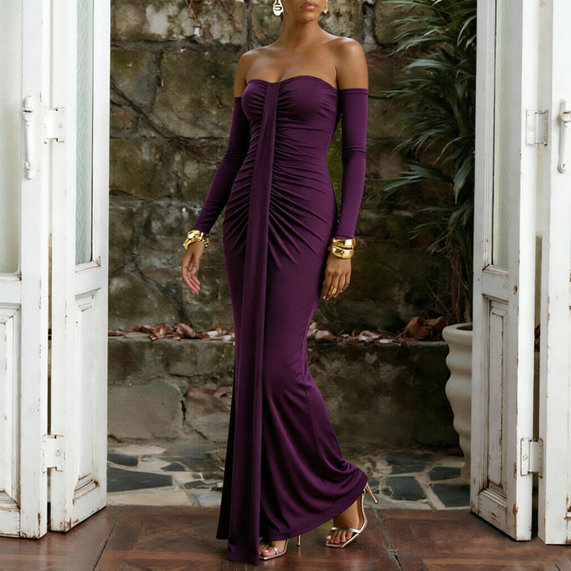 Women Clothing Autumn Wrapped Chest Pleated Slim Independent Sleeve Length Dress