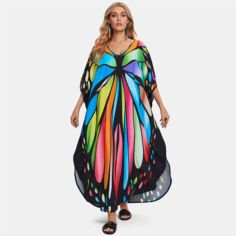 Rayon Printed Loose plus Size Robe Beach Cover up Vacation Maxi Dress Sun Protection Shirt Women
