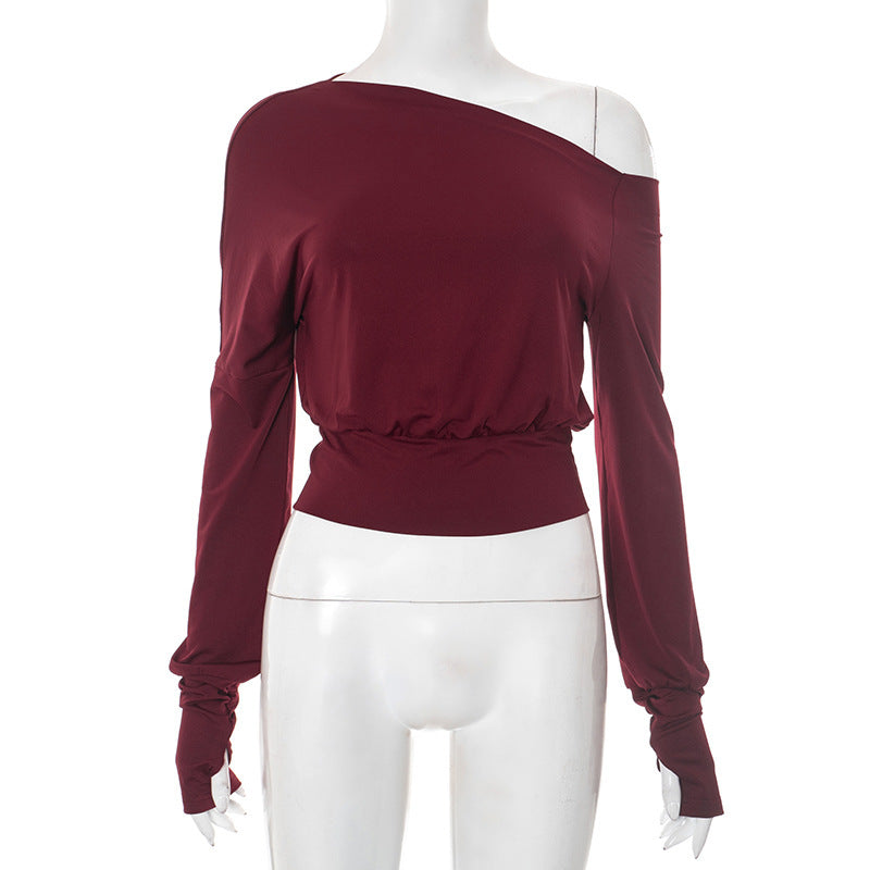 Women Clothing Summer Elegant Shoulder Long Sleeve Waist Tight Solid Color Top