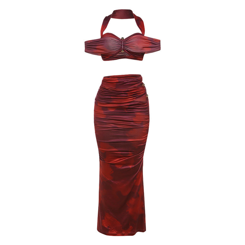 Summer Women Clothing Sexy Halter off Shoulder Spaghetti Straps Vest Slim Pleated Skirt Set