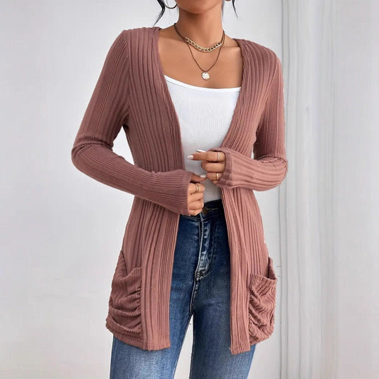 Autumn Winter Elegant Mid Length Long Sleeve Pocket Casual Loose Solid Color Needle