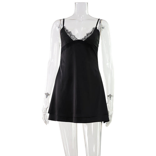 Sexy Women Clothing V neck Lace Strap Dress Satin Texture Home Pajamas Pure Short Dress