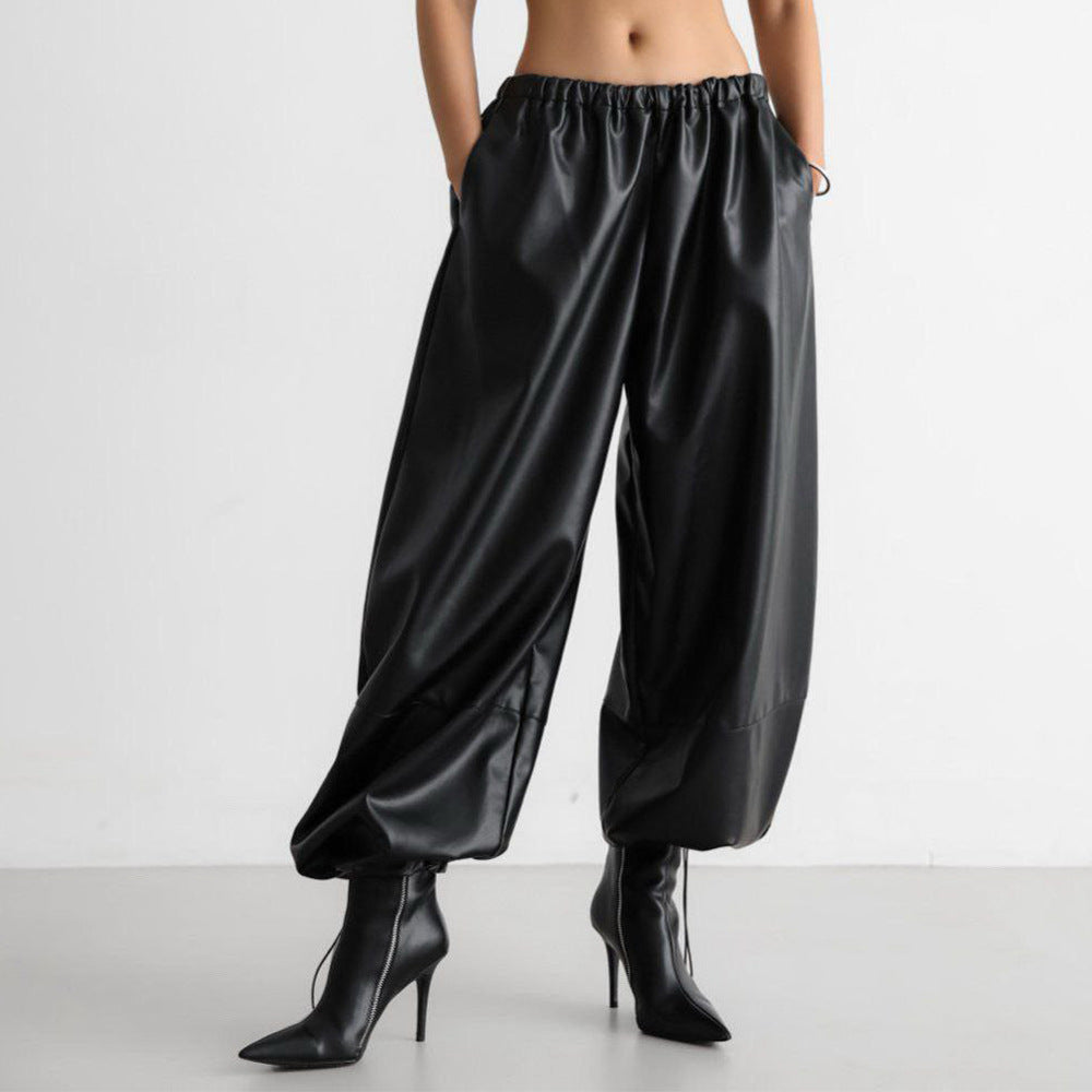 Leather Pants Women Autumn Winter Drawstring Ankle Tied Bloomers Loose Leather Pants Faux Leather Trousers for Women