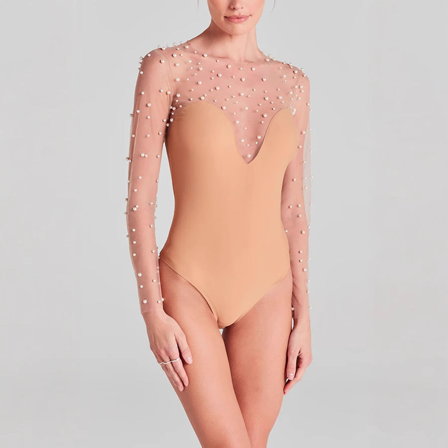 Spring Summer Long Sleeve Inner Wear Bubble Beads Stitching Jumpsuit Casual Women Jumpsuit