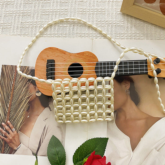 Handmade Beaded Weave Imitation Pearl Hollow Out Cutout Design Portable All Match Casual Messenger Phone Bag Lipstick Pack