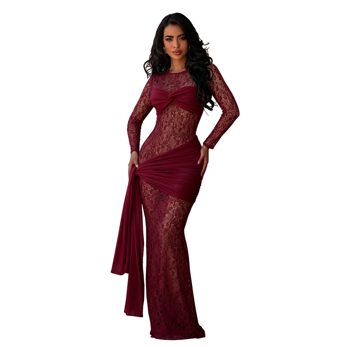Women Wear Sexy round Neck Lace Slim Fit Long Sleeved Dress