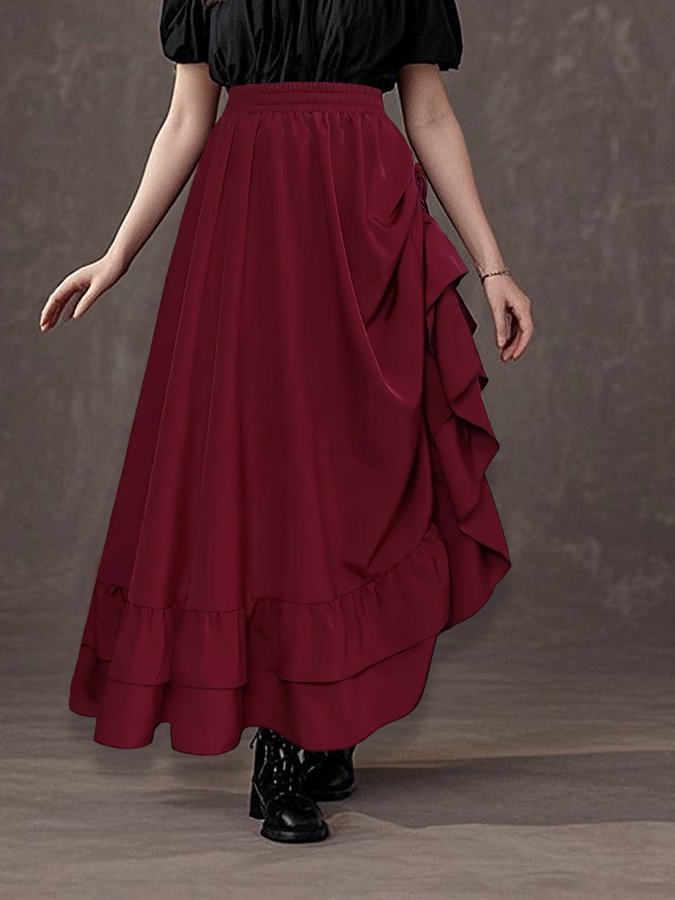 Women Clothing Elegant Side with Drawstring Pleated Long Skirt