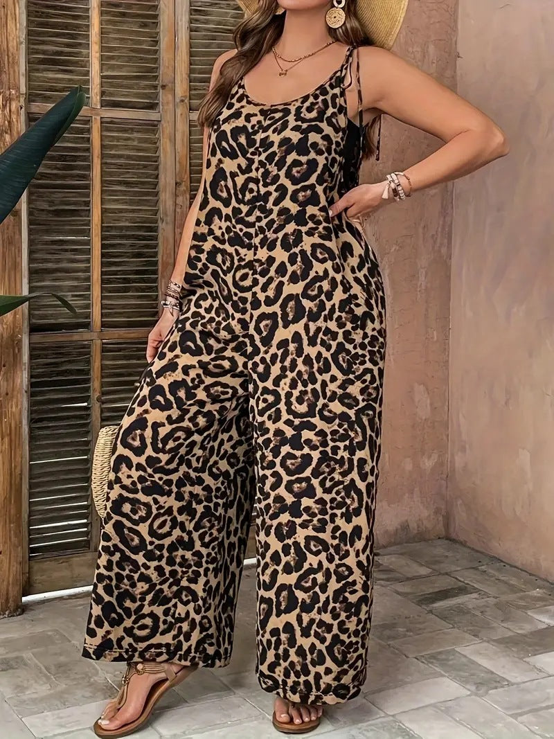 Casual Vacation Women Summer Leopard Print Sling Loose Wide Leg Sleeveless Lace up Long Jumpsuit