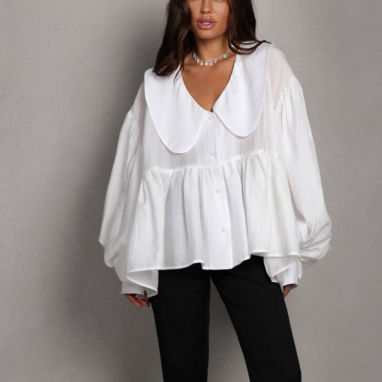 French Casual White Shirt Autumn Doll Face Puff Sleeve Loose All Matching Cardigan Shirt