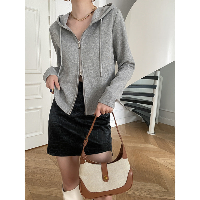 Sinan French Tight Waist Cut Super Slimming Double Zipper Hooded Sweatshirt Slim Coat Early Autumn