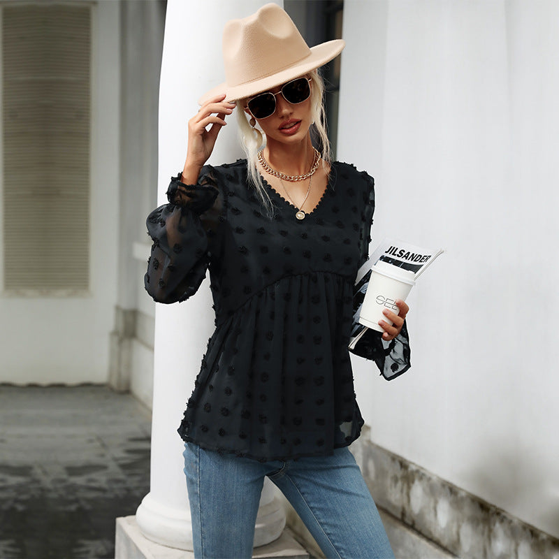 Early Autumn Tops Thin Loose Fitting V neck Long Sleeves Black Shirt