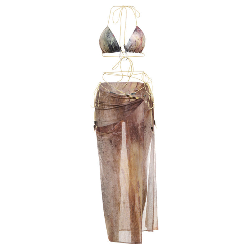 Women Clothing Summer Sexy Split Bikini Strap Beaded Briefs Skirt Three Piece Set