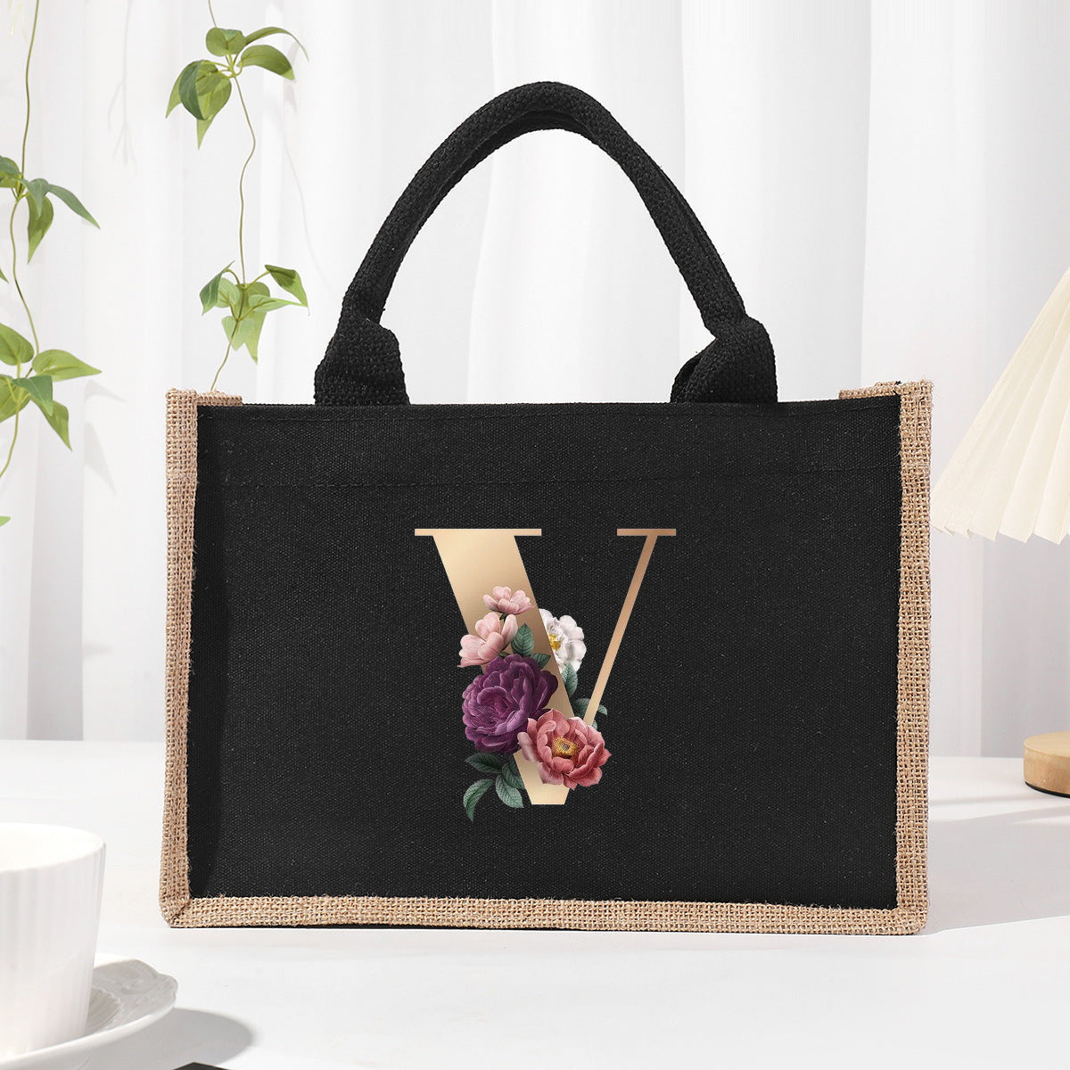 Cotton and linen canvas tote bag, printed letter tote bag, portable light handbag, gift shopping bag