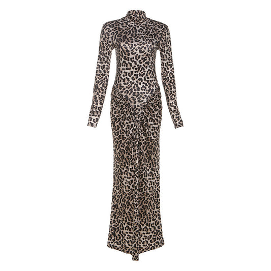 Autumn Slim round Neck Leopard Print Dress Long Sleeve Printed Dress Women Clothing