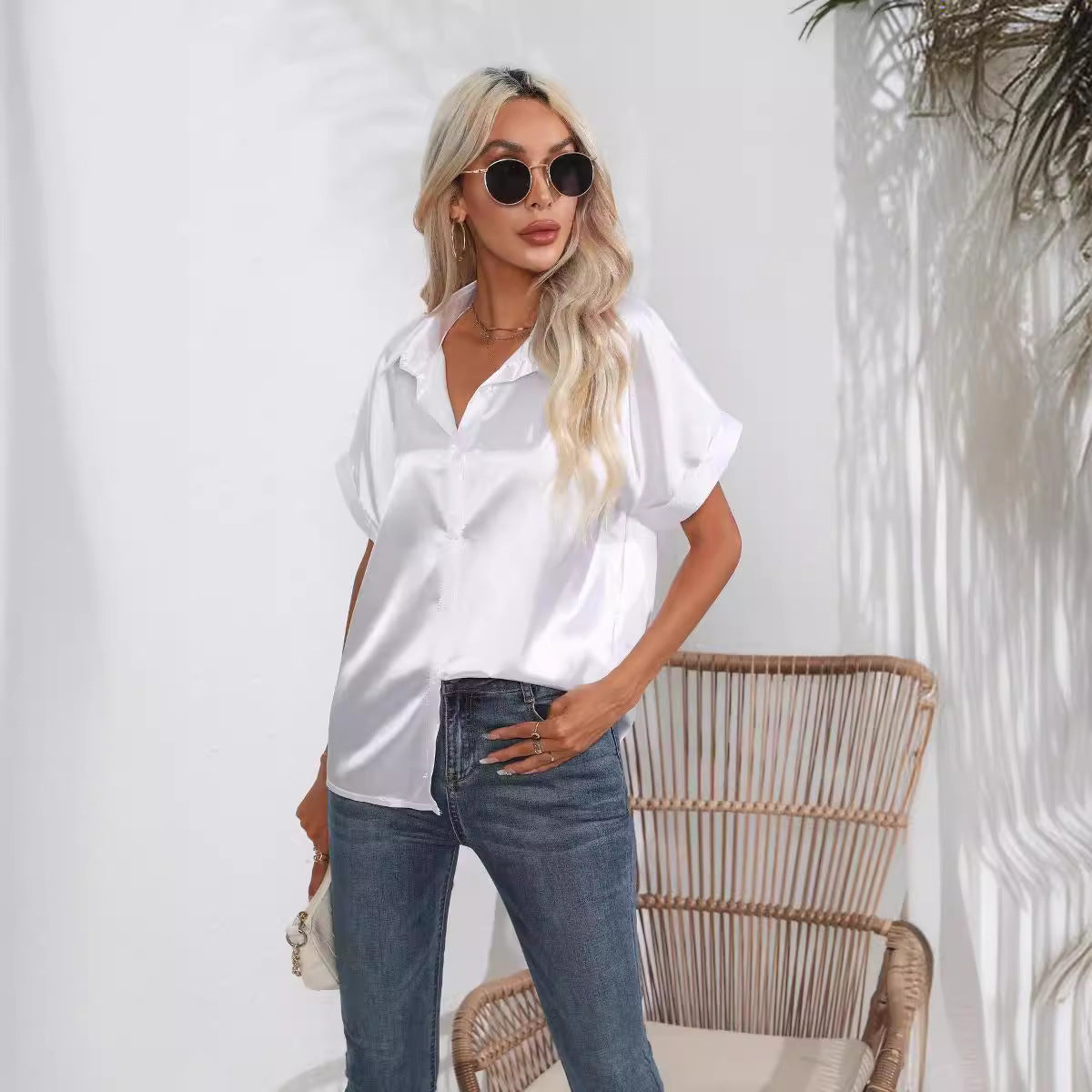 Satin Shirt Short Sleeve Satin Button Shirt Casual Loose Top Women