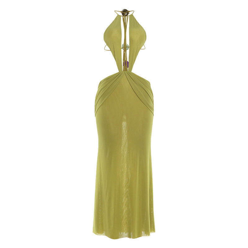 Spring Sexy Backless Halter Solid Color Mesh Dress Women Clothing