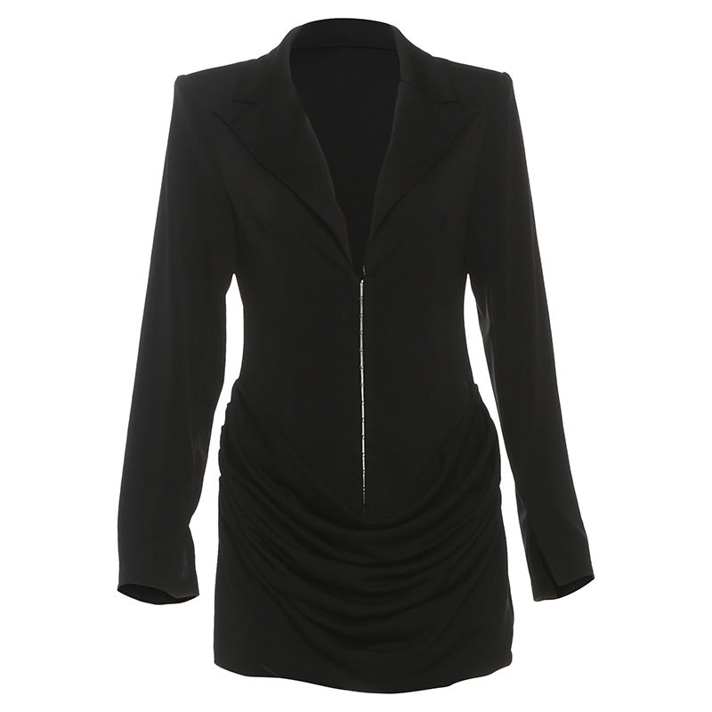 Women Clothing Autumn Winter Solid Color Deep V Plunge neck Waist Controlled Slim Fit Slimming Blazers Dress