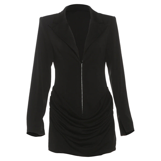 Women Clothing Autumn Winter Solid Color Deep V Plunge neck Waist Controlled Slim Fit Slimming Blazers Dress