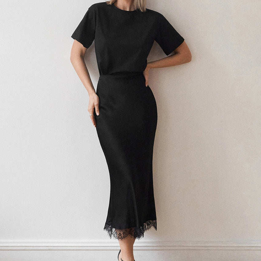 Spring Black Fishtail Skirt Lace Ruffled High Waist Skirt Satin Satin Satin