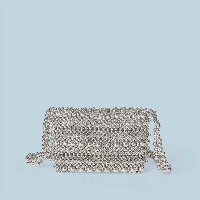 Handmade Beaded Bag Silver Bag Pearl Vegetable Basket Casual Weaving Messenger Bag Hollow Out Cutout