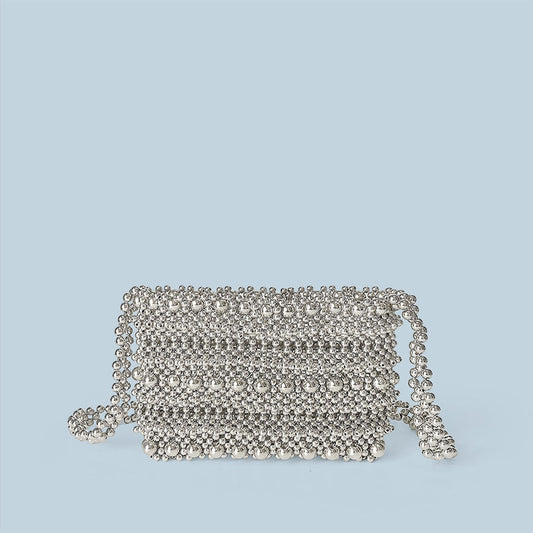 Handmade Beaded Bag Silver Bag Pearl Vegetable Basket Casual Weaving Messenger Bag Hollow Out Cutout