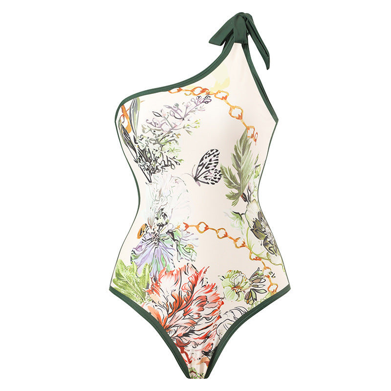 Women Swimsuit Elegant Printed Stitching Contrast Color Beach Sun Protection Skirt Shoulder Two Piece Swimsuit