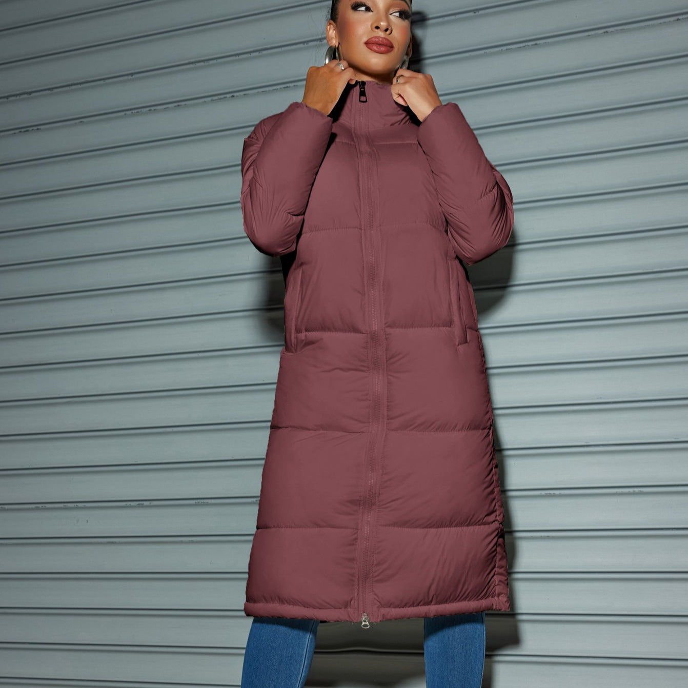 Winter Women Long Cotton Jacket Women Zipper Cotton Coat with Solid Color Warm Jacket