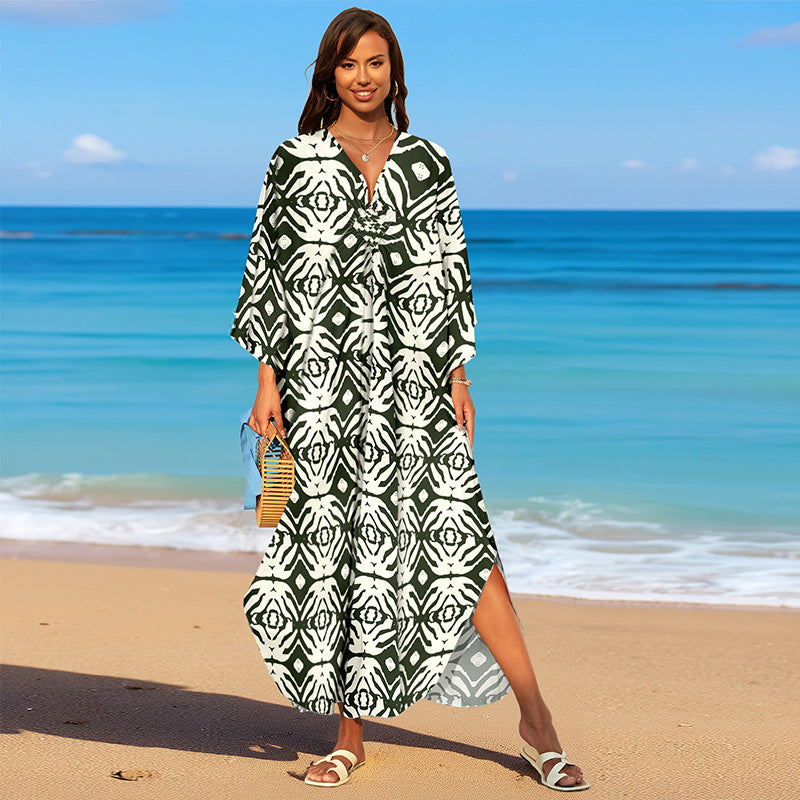 Rayon Print Holiday Beach Dress Women Sun Protective Clothing Loose Robe Beach Cover Up