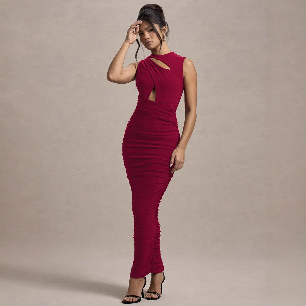 Autumn Winter Women Clothing Elegant Pleated Slim Sleeveless round Neck Sheath Dress