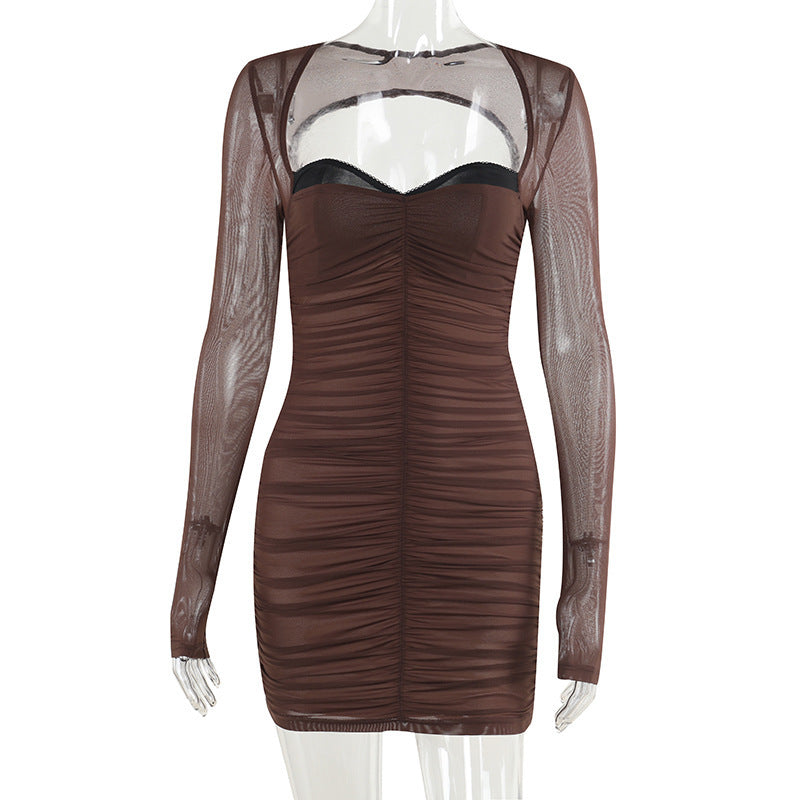 Autumn Sexy Dress Fashionable Elegant Slim Fit Pleated Hip Dress Women