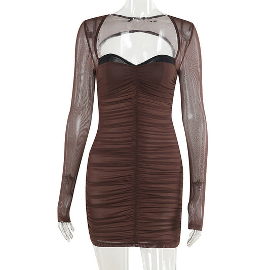 Autumn Sexy Dress Fashionable Elegant Slim Fit Pleated Hip Dress Women