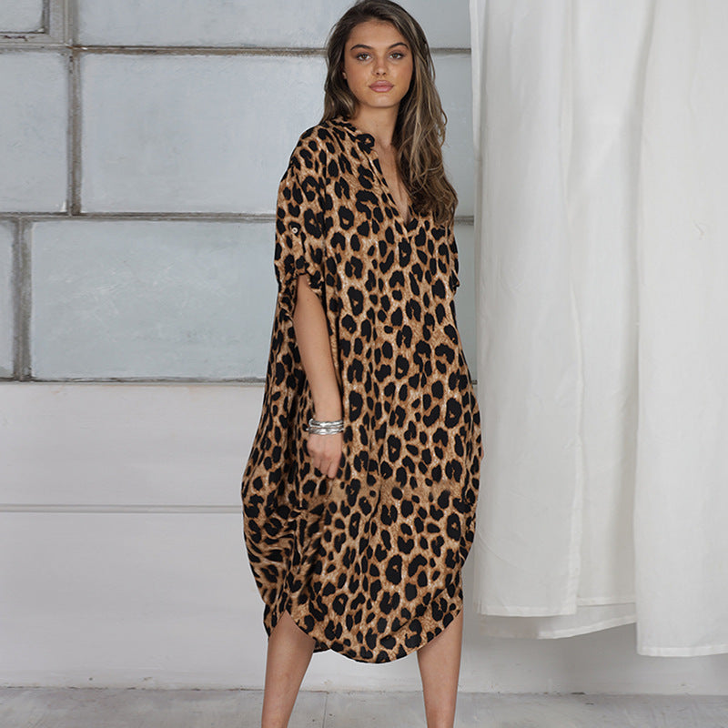 Rayon Stand Collar Leopard Dot Robe Seaside Vacation Dress Loose Bikini Swimsuit Blouse Outer Wear Women
