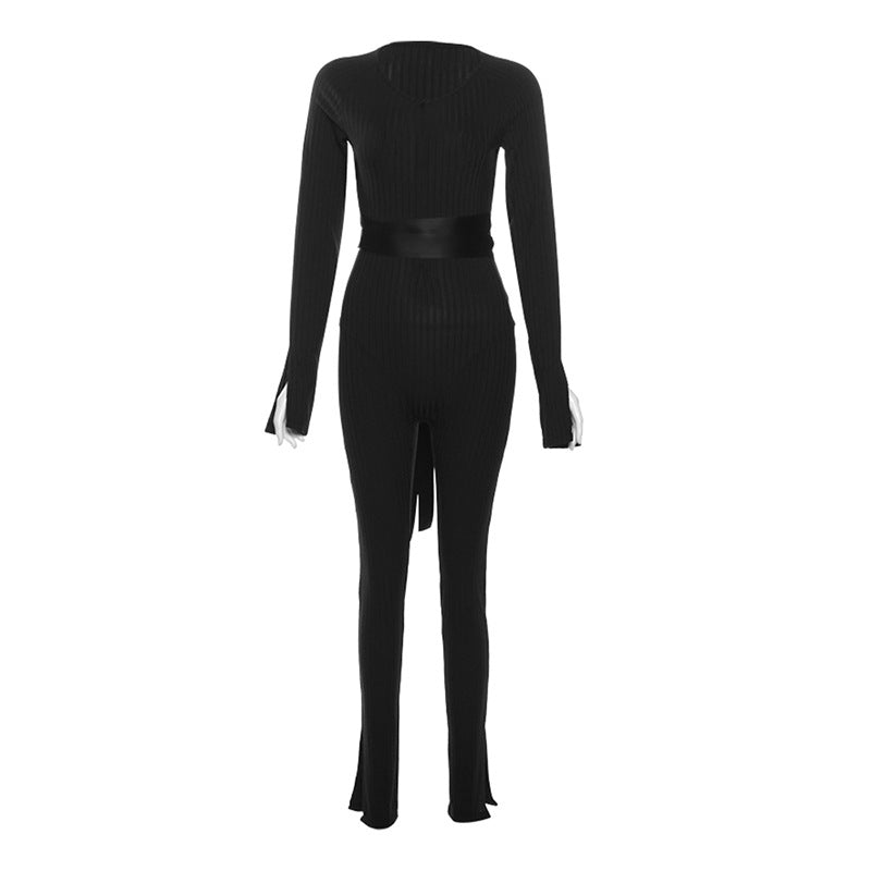 Fall Women Clothing Sexy Thread Tied High Waist Trousers Casual Tight Jumpsuit