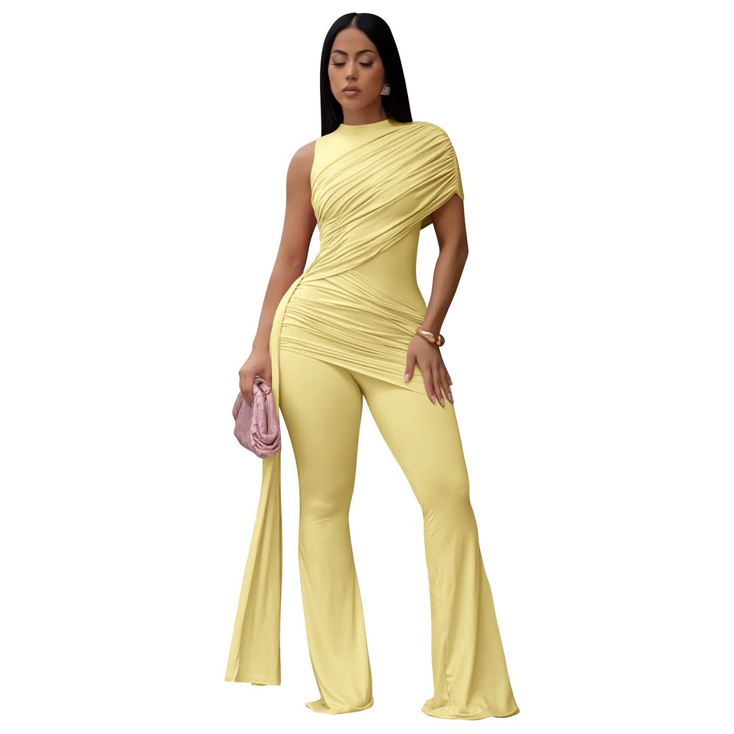 Women Clothing Summer round Neck One Shoulder Pleated Ribbon Sexy Slim Fit
