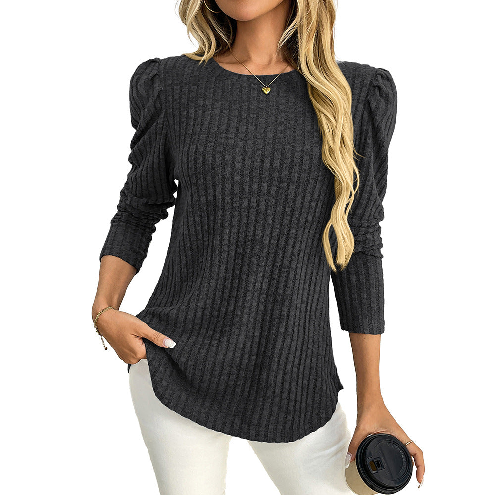 Arrival Women round Neck Puff Sleeve Brushed Sunken Stripe Solid Color Upper Clothes Long Sleeves T shirt