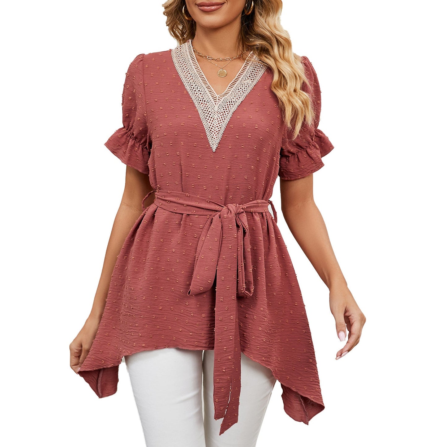 Spring Summer Solid Color Jacquard V Neck Loose Lace Up Chiffon Blouses Women