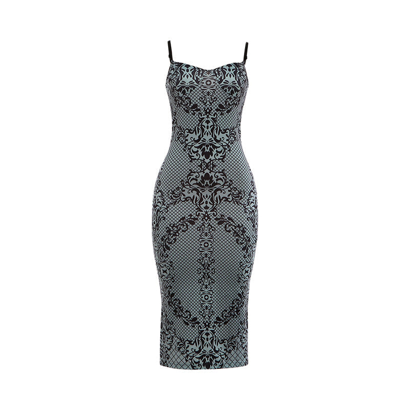Autumn Winter Women Clothing Suspenders Low Cut Backless Print Back Slit Slim Fit Sexy Dress