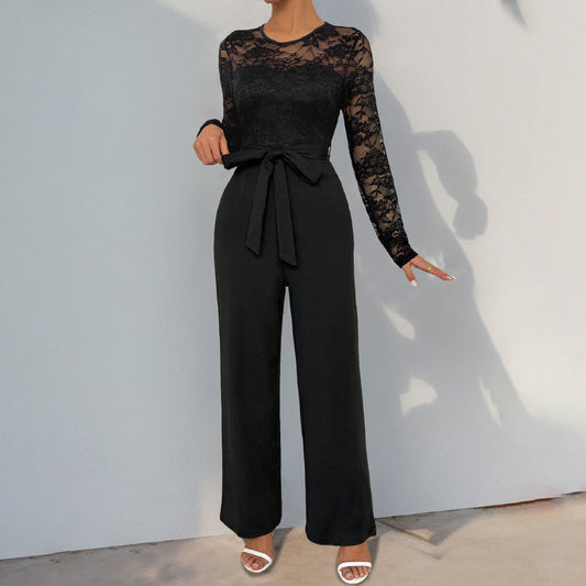 Autumn Jumpsuit Lace Stitching Zipper Lace Up Solid Color Jumpsuit
