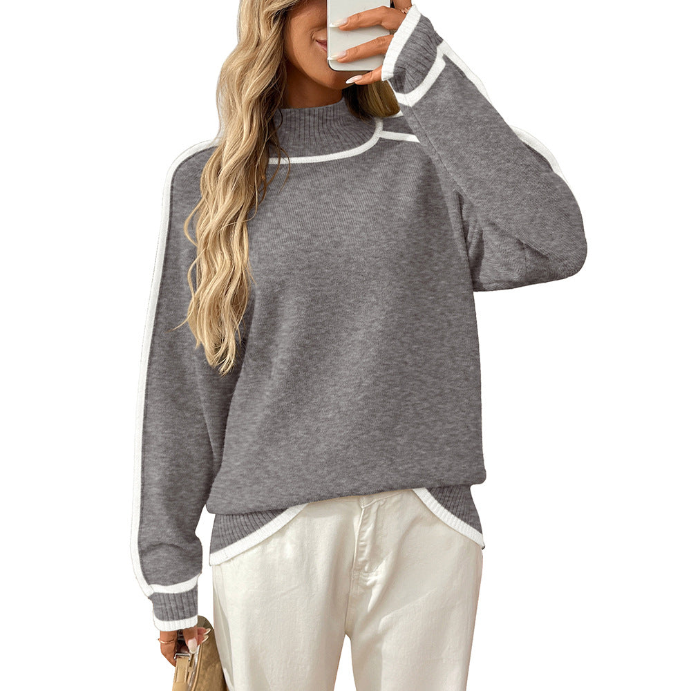 Autumn Winter Season Half Turtleneck Casual Loose Pullover Lazy Contrast Color Sweater