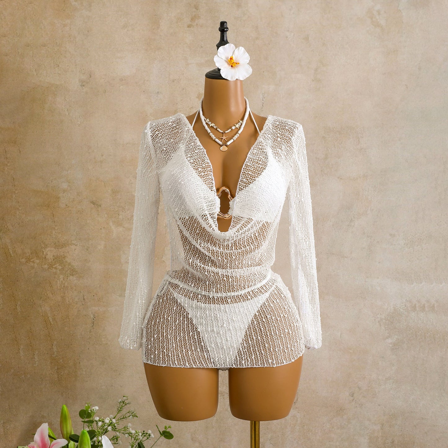 Swing Collar Special Sequ Long Sleeve Mesh Three Piece Swimsuit Bikini