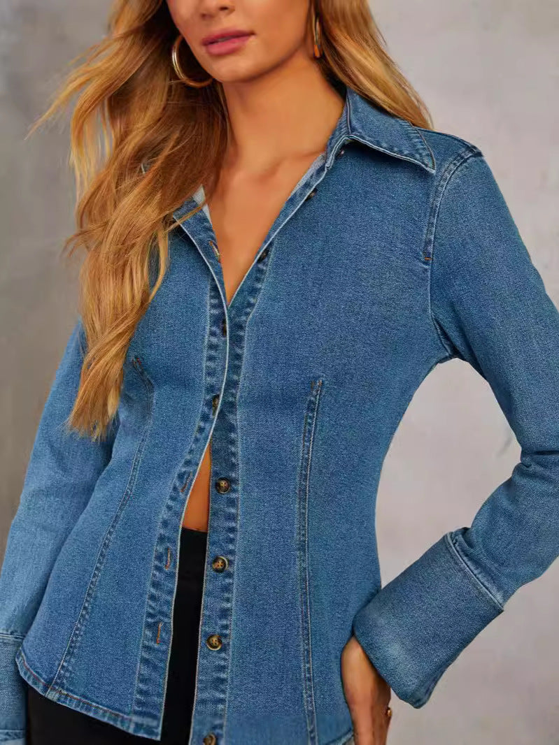 Denim Shirt Autumn Casual Collared Single Breasted Women Long Sleeve Denim