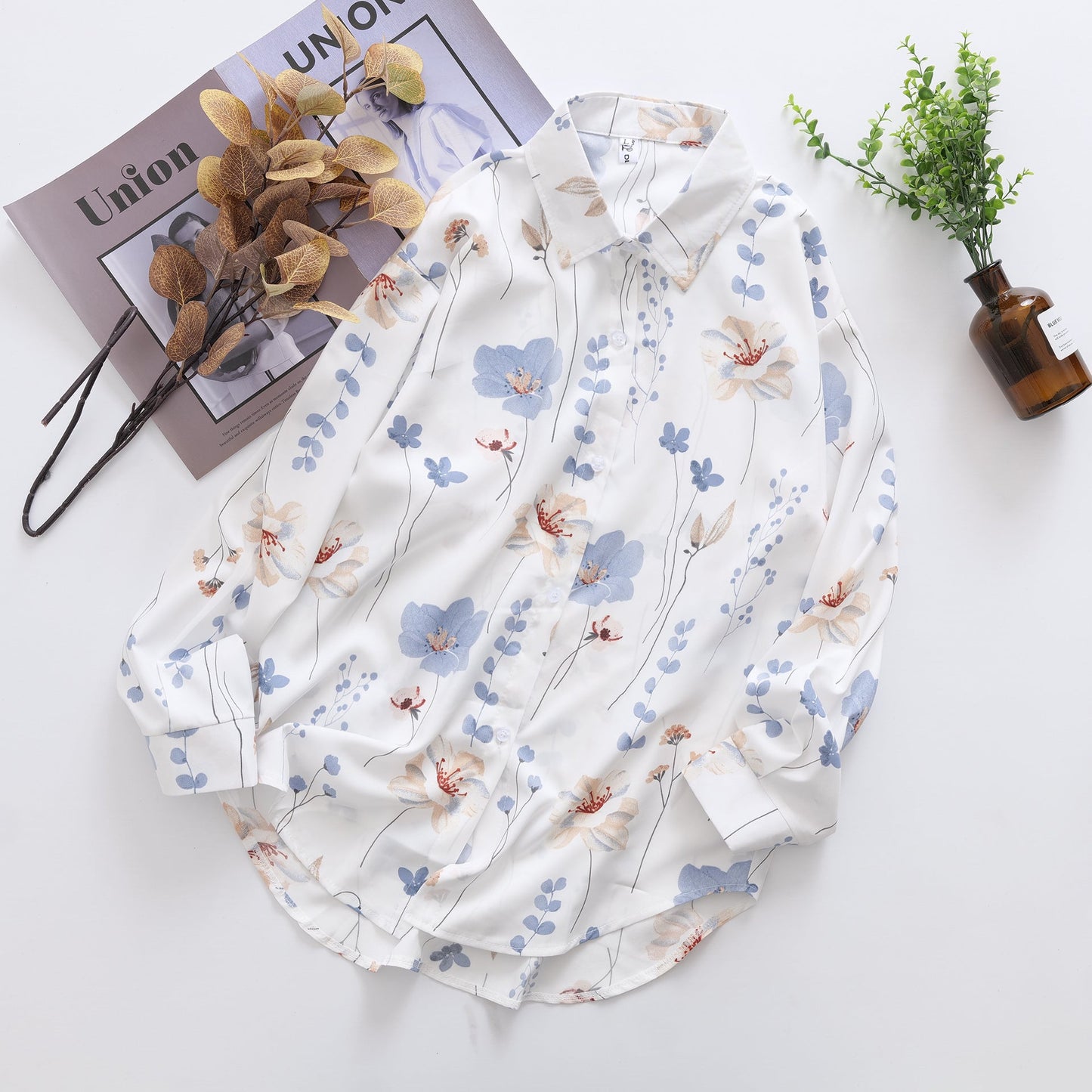 Women Floral Print Loose Collared Long Sleeves Shirt Top